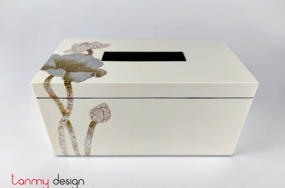 Rectangular lacquer tissue box with eggshell lotus -12x25 cm